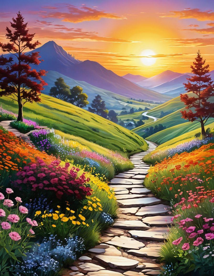 A serene landscape showcasing a winding path that symbolizes a journey, with colorful flowers blooming along the sides. In the background, a radiant sun setting over hills, casting a warm golden glow. Include abstract representations of joy and happiness like floating hearts and laughter bubbles. A silhouette of a joyful figure walking the path, embodying bliss and contentment. vibrant colors. super-realistic.