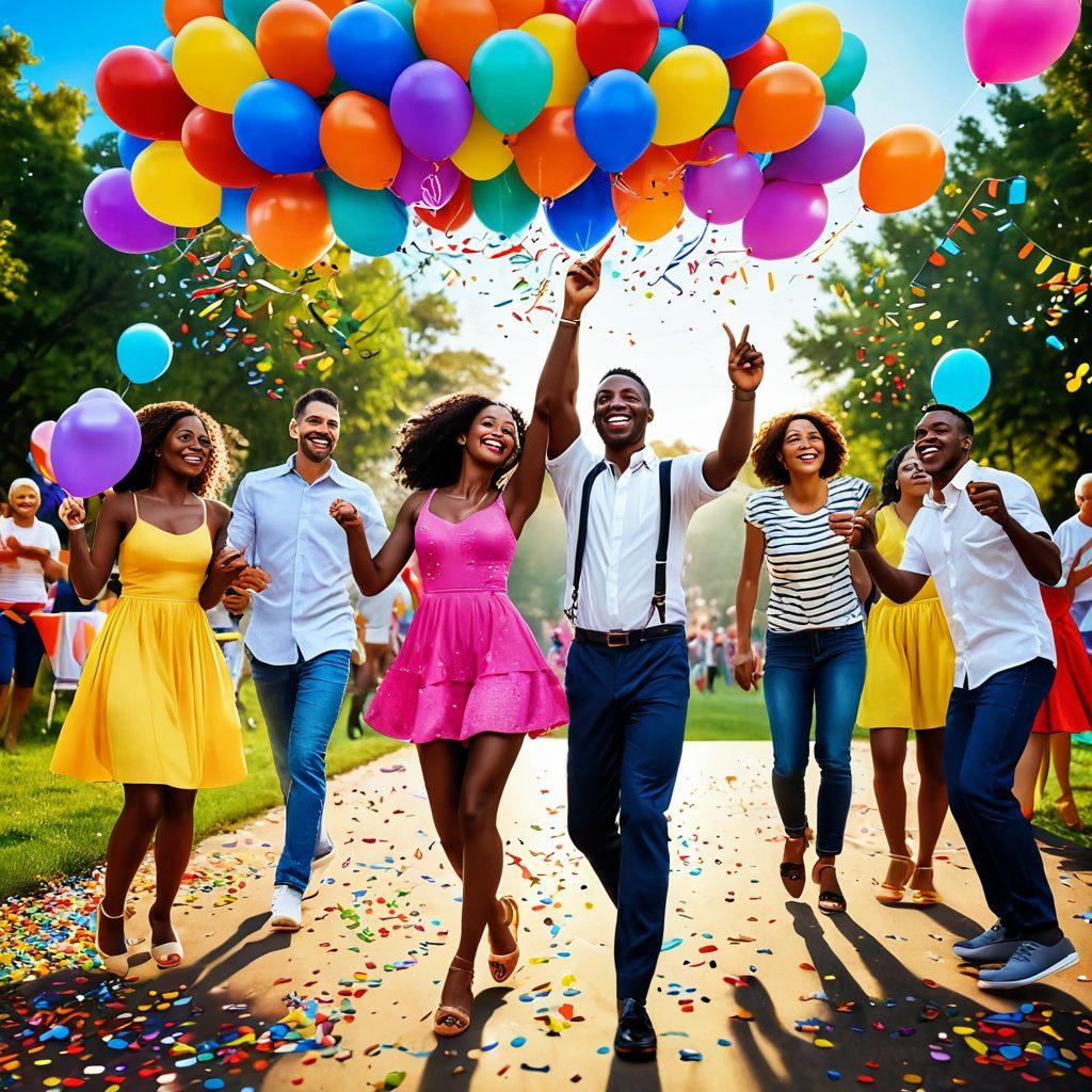 A vibrant celebration scene showcasing diverse adults joyfully engaging in various pleasurable activities, such as dancing, eating gourmet foods, and enjoying nature. The setting is colorful with bright decorations and an inviting atmosphere, symbolizing freedom and joy. Emphasize expressions of happiness and connection among people, with colorful balloons and confetti in the air. super-realistic. vibrant colors. 3D.