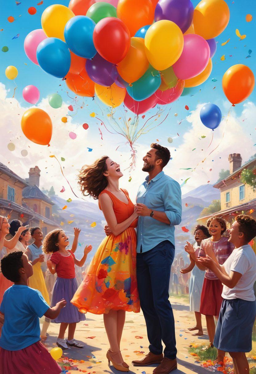 A colorful, joyous celebration scene featuring diverse adults joyfully engaging with playful, abstract art elements around them. There should be hints of vibrant adult-themed motifs artistically woven into a serene landscape, symbolizing bliss and liberation. Infuse a sense of lightness with balloons and confetti in the air, while showcasing laughter and connection. super-realistic. vibrant colors. whimsical art style.